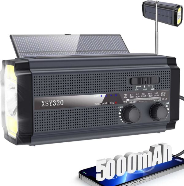 Nødradio med lygte, håndsving, solpanel, 3xAAA og 5000 mAh Powerbank
