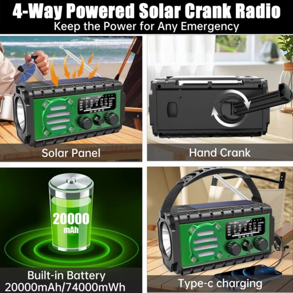 Multifunktionel Nødradio med 20.000 mAh Powerbank, Solcelle, Håndkrank & LED-lys