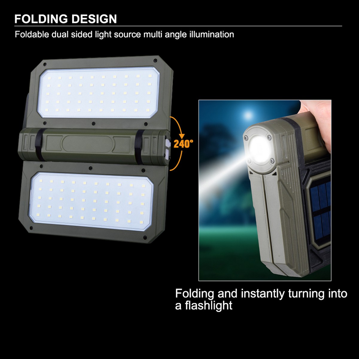 Dobbeltsidet foldbart solpanel med LED lys