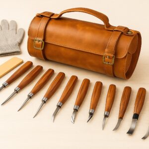 Træskæresæt 11 knive og læder taske