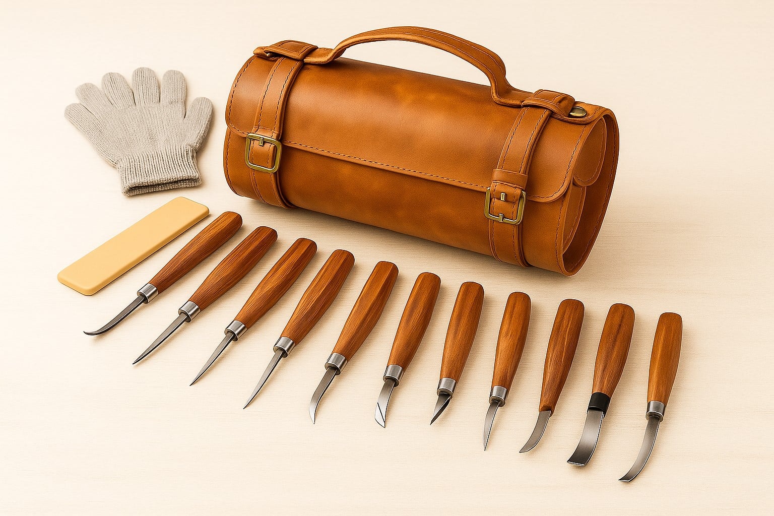 Træskæresæt 11 knive og læder taske
